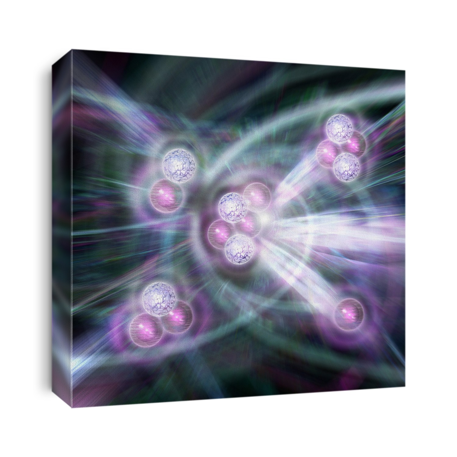 Nuclear fusion, computer artwork. At left are the atomic nuclei of deuterium (top left) and tritium (bottom left). Atomic nuclei consist of protons (white and purple) and neutrons (pink). The nuclei fuse, forming lithium-5 (centre). This is a highly unstable isotope, which quickly decays into helium-4 (top right) and a neutron (bottom right). This decay results in an overall release of energy.