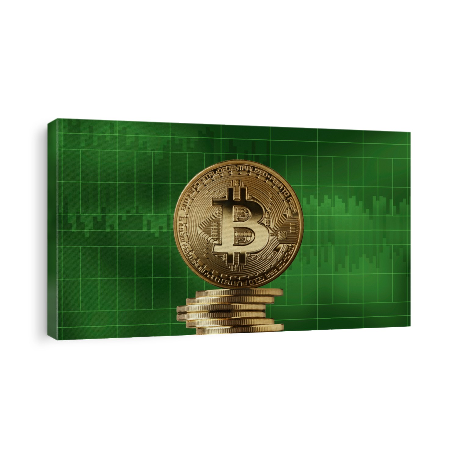 Stack of gold coins bitcoin on a green background
