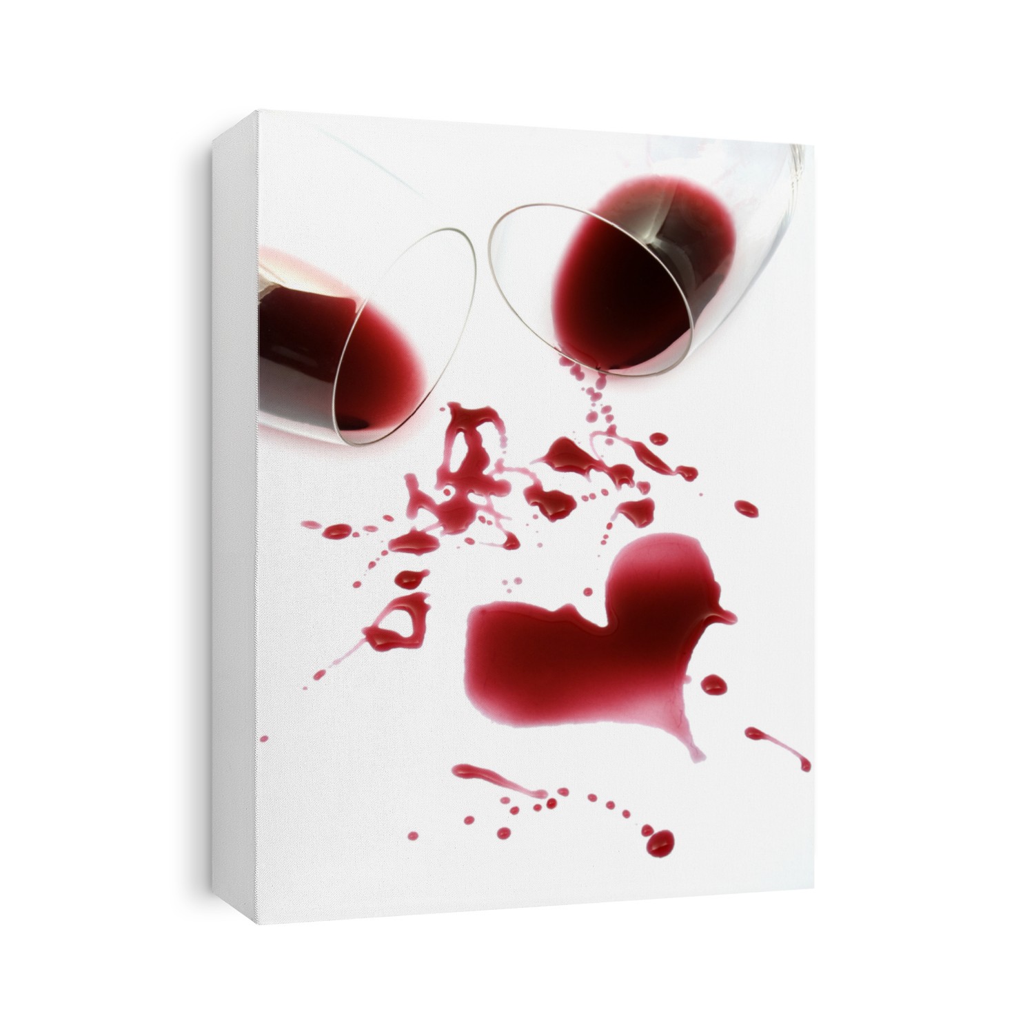Red wine spilled from glasses forming a heart shape on white background