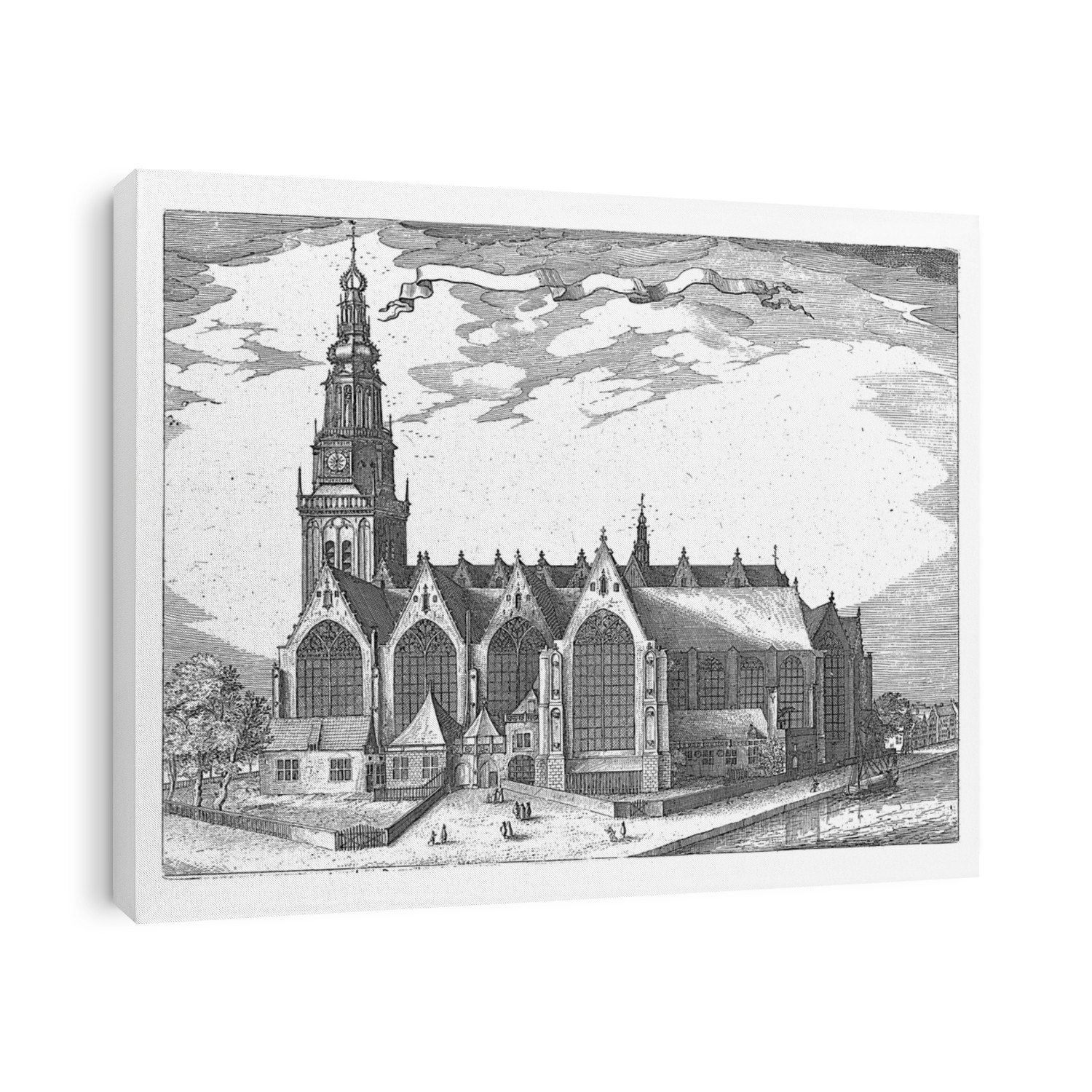 View of the Oude Kerk, also known as the Sint-Nicolaaskerk, in Amsterdam. There are a few figures in front of the church and birds flying around the tower.